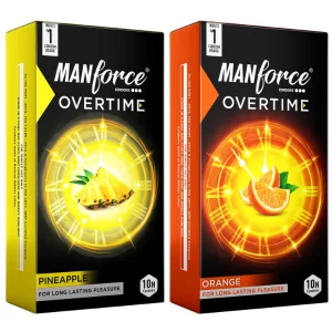 Manforce Overtime Combo Flavoured Condoms | Orange & Pineapple Flavours | Dotted, Contoured & Ribbed Texture | 100 Count (Pack of -5)