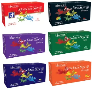 Okamoto Skinless Skin Ultra Thin Flavoured Condoms | Strawberry & Assorted Flavours | Premium Japanese Latex Condoms | 60 Count Pack
