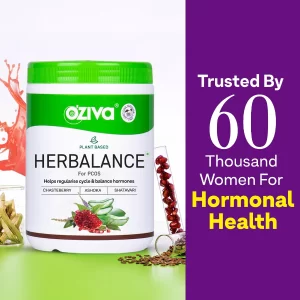 OZiva Plant Based HerBalance for PCOS Support Supplement for Women | Myo-Inositol, Chasteberry & Shatavari Formula for Hormonal Balance, Regular Cycle & Women’s Wellness | 200g Powder (Pack of-2)