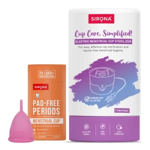 Sirona Reusable Menstrual Cup for Women (Medium) with Electric Steam Sterilizer | 100% Medical-Grade Silicone | Kills 99% Germs | BPA-Free | Quick Steam Cleaning | Pack of 2