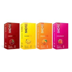 Skore Fruit Basket Flavoured Condoms Combo Pack – Orange, Banana, Cherry & Strawberry | Coloured Condoms | 10 Pieces Each (Pack of 8)