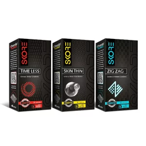 Skore Skin Thin, Timeless & Zig Zag Condoms Combo Pack | 10 Pieces Each | Pack of 6 (60 Condoms Total)