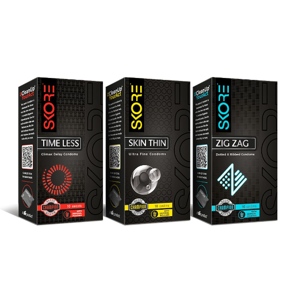 Skore Skin Thin, Timeless & Zig Zag Condoms Combo Pack | 10 Pieces Each | Pack of 6 (60 Condoms Total)
