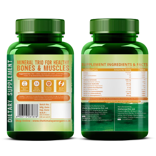Vlado's Himalayan Organics Calcium Magnesium Zinc with Vitamin D3, B12 & K2 (120 Vegetarian Tablets) | Bone & Joint Support Supplement for Women & Men - Image 2