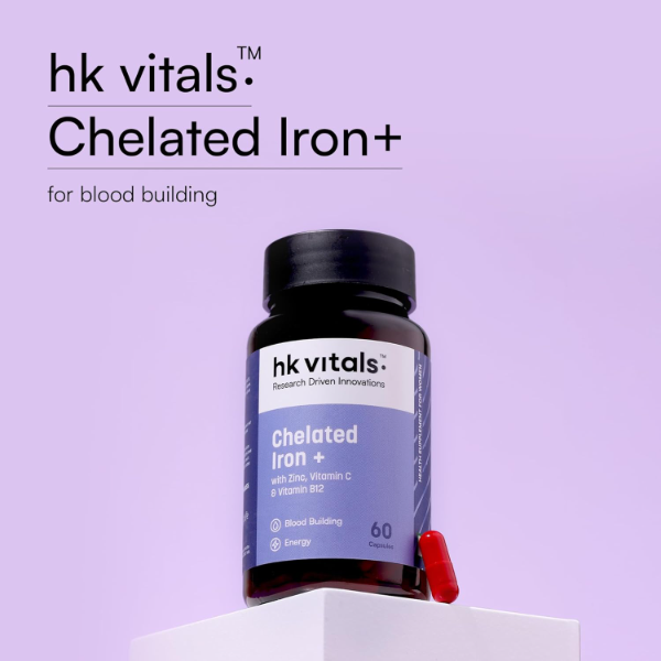HK Vitals Chelated Iron Supplement with Zinc, Vitamin C & Vitamin B12 | Supports Healthy Hemoglobin, Blood Formation, Immunity & Energy | 60 Capsules (pack of -2)