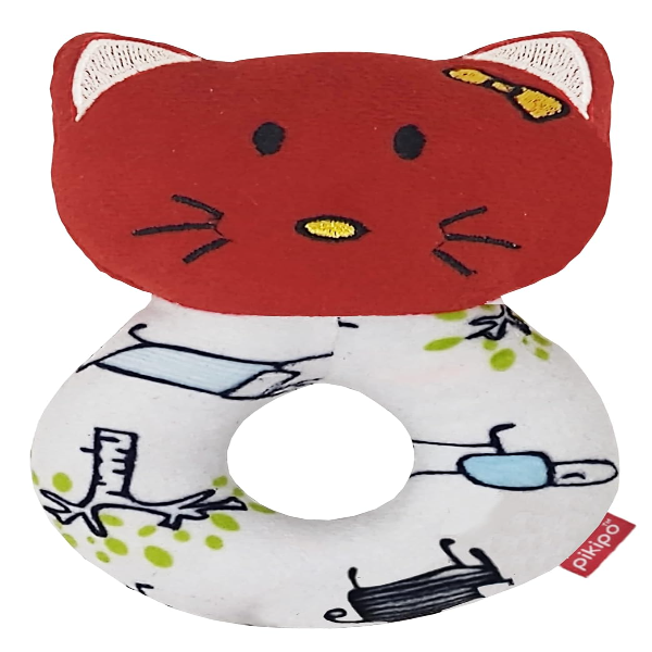 Pikipo Soft Kitty Face Baby Rattle Toy with Easy Grip Round Handle (Red) – Lightweight Plush Sensory Rattle for Toddlers & Infants | Safe Early Development Toy for Hand Coordination & Motor Skills (USA)