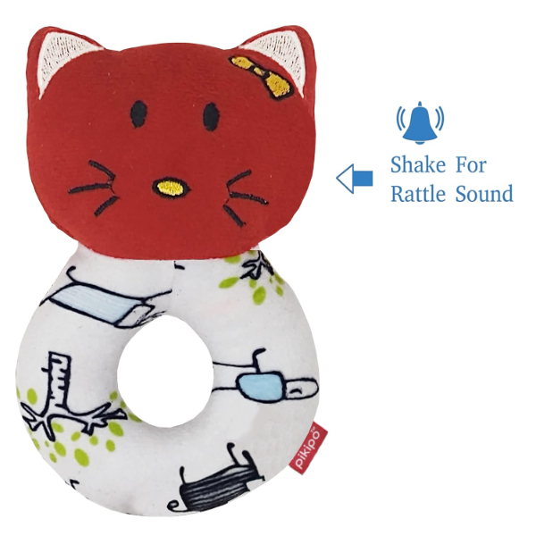 Pikipo Soft Kitty Face Baby Rattle Toy with Easy Grip Round Handle (Red) – Lightweight Plush Sensory Rattle for Toddlers & Infants | Safe Early Development Toy for Hand Coordination & Motor Skills (USA) - Image 3