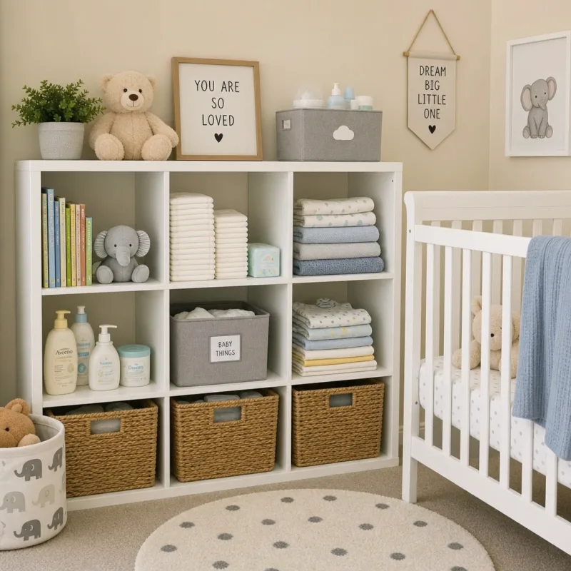 organized nursery with baby essentials on shelves