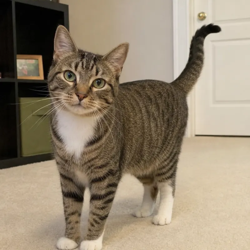 Relaxed indoor cat with upright tail showing friendly cat tail signals