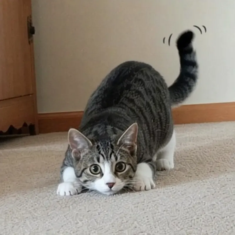 Alert cat moving tail side to side while watching a toy at home