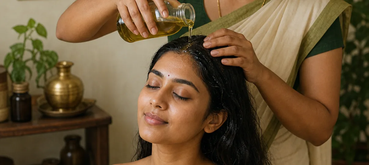Ayurvedic Hair Oil Scalp Care Routine Ayurvedic hair oil being applied during a relaxing scalp care routine
