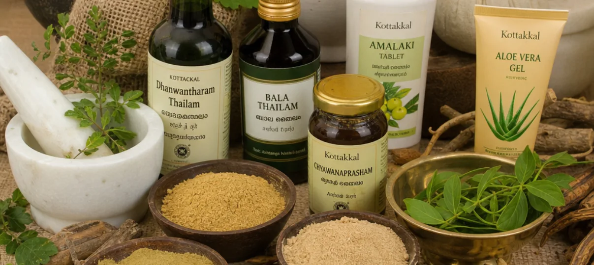 Assorted Ayurvedic herbs, oils, powders, and wellness products arranged on a natural surface