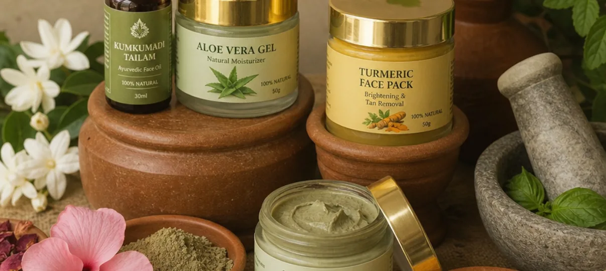 Natural Ayurvedic Skincare Products with Herbs Natural Ayurvedic skincare products with herbs, flowers, and clay bowls