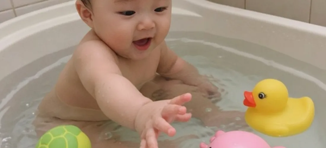 Baby reaching for floating bath toys in a small tub