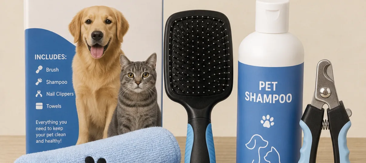 Beginner pet grooming kit with brush shampoo nail clippers and towels