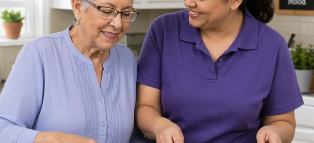 Older adult and caregiver preparing a healthy meal in a bright kitchen