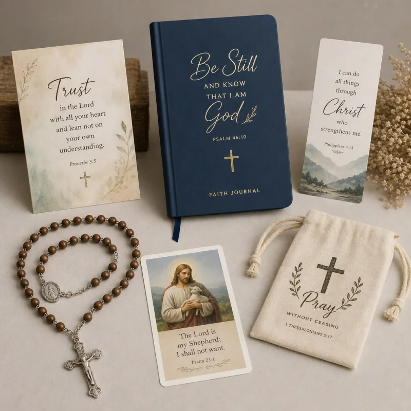 Christian devotional products including a cross, rosary, prayer cards, candle, and prayer journal