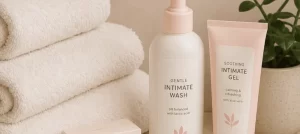 Gentle intimate care products arranged beside soft cotton towels