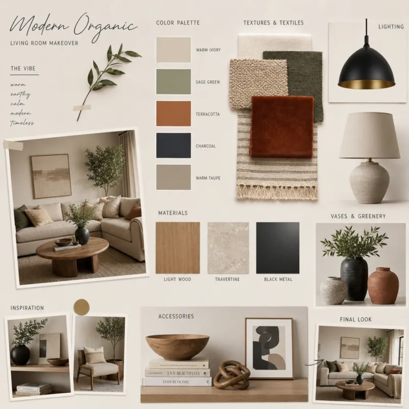 Cozy living room with layered textures, neutral sofa, wall art, and warm lighting