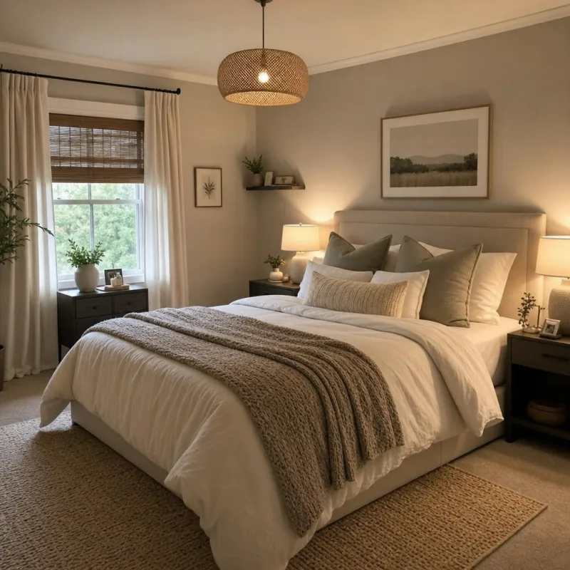 Home decor makeover mood board with color swatches, textiles, vases, lighting, and modern accessories