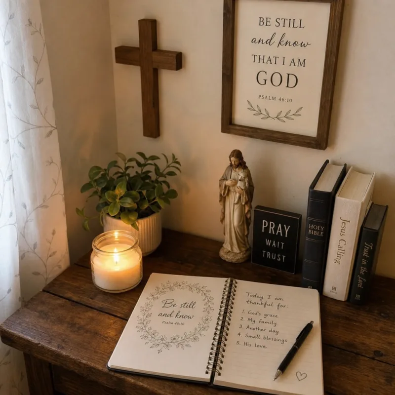 Peaceful home prayer corner with a cross, candle, Bible, and devotional journal