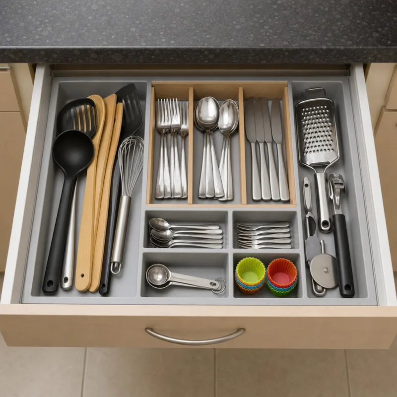 Organized kitchen prep tools on a clean countertop