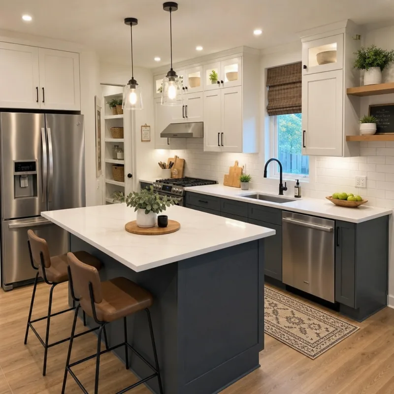 Modern kitchen renovation with bright lighting and organized storage