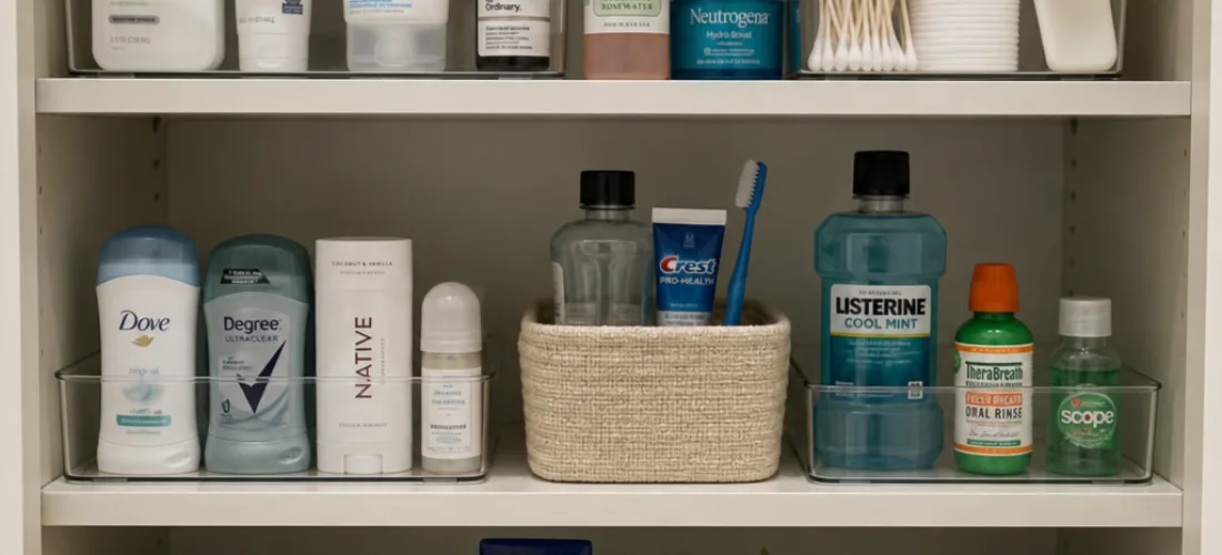 Organized Bathroom Personal Care Supplies Organized bathroom shelf with hygiene, moisturizer, and wellness supplies