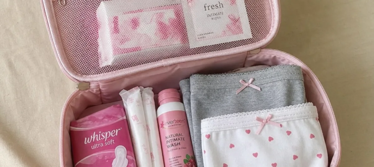 Travel Intimate Hygiene Essentials Kit Travel pouch with intimate hygiene essentials and cotton underwear